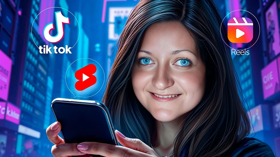 Illustration futuriste d'une femme souriante tenant un smartphone, entourée des logos de TikTok, YouTube Shorts et Instagram Reels, avec un fond urbain high-tech aux tons bleus et violets.