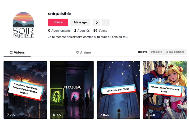 Cela représente un compte tiktok entièrement automatisé par l'IA.
Capture d'écran d'un profil TikTok nommé 'soirpaisible', spécialisé dans les histoires racontées. La page affiche quatre vidéos avec des miniatures illustrées et des titres comme 'Les Étoiles de Claire' et 'Adventures of Pierre and Lucie'.