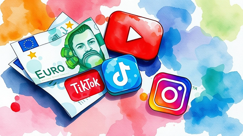 Illustration colorée avec des icônes de YouTube, TikTok et Instagram accompagnées de billets en euros, symbolisant la monétisation des contenus sur ces plateformes.