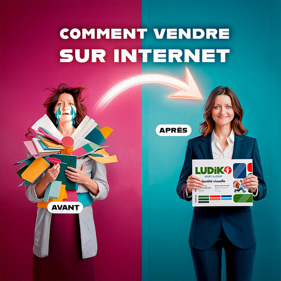Avant-après d’une femme dépassée vs professionnelle, illustrant l’impact d’un bon design pour vendre sur internet.