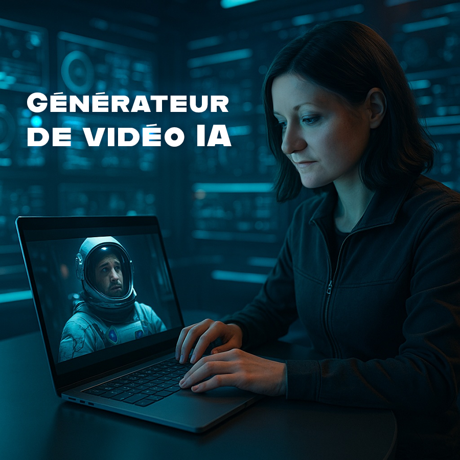femme concentrée utilisant un générateur de vidéo IA futuriste sur ordinateur portable, avec interface holographique et ambiance technologique bleutée