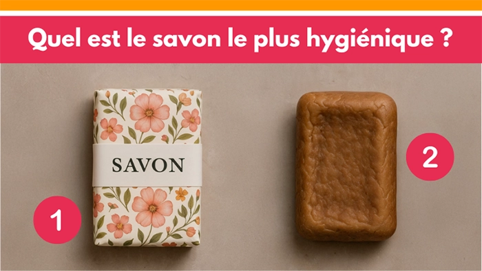 Comparaison de deux savons : un emballé avec un joli packaging fleuri, l’autre nu, marron et irrégulier, pour juger l’hygiène perçue..
Palette de couleurs, typographies et logo formant une identité de marque.