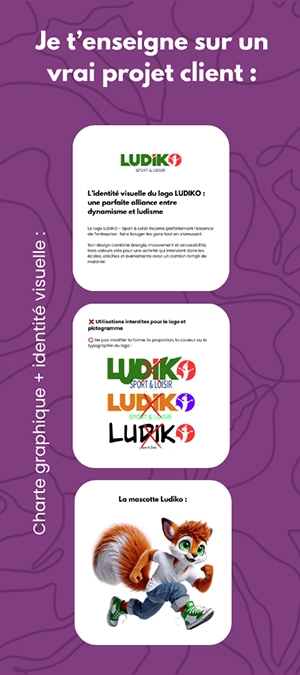 Exemple de projet client enseigné dans une formation de FloreDuWeb, avec le logo LUDIKO, ses règles d’utilisation et sa mascotte écureuil.