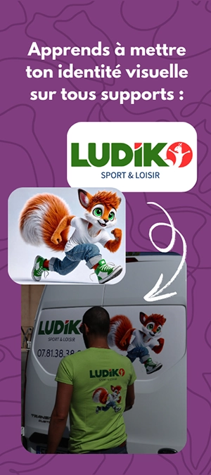 Exemple d’application d’une identité visuelle sur véhicule et t-shirt avec le logo et la mascotte LUDIKO.