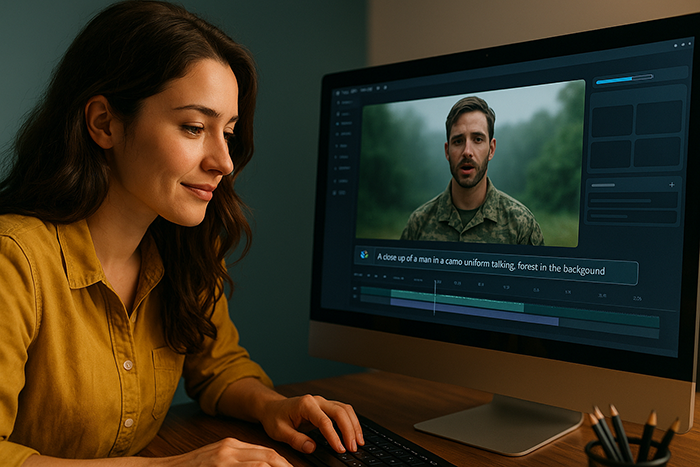 entrepreneuse créant une vidéo avec l’aide d’un générateur de vidéo IA sur ordinateur, interface de montage affichée à l’écran