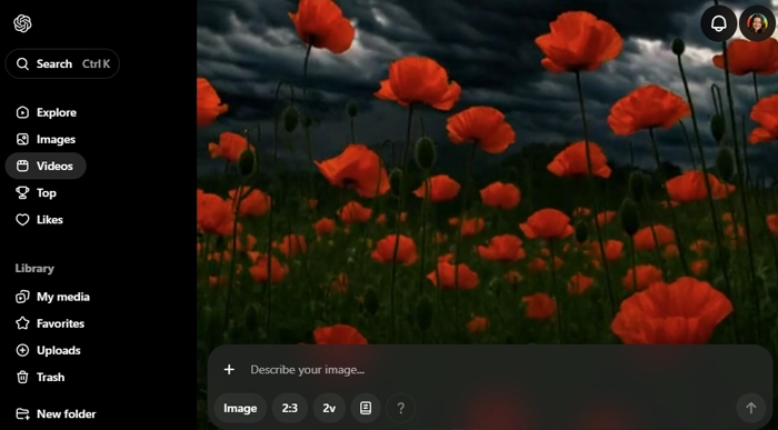 interface du générateur de vidéo IA Sora montrant un champ de coquelicots rouges animé sous un ciel orageux