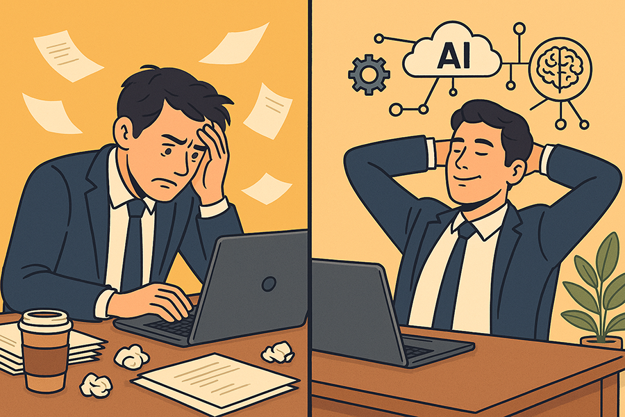 illustration avant/après d’un entrepreneur débordé puis serein grâce aux intelligences artificielles
