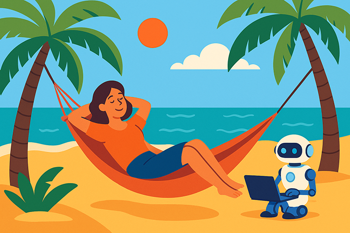 Une entrepreneuse se repose sur la plage pendant que l’IA gère son marketing.