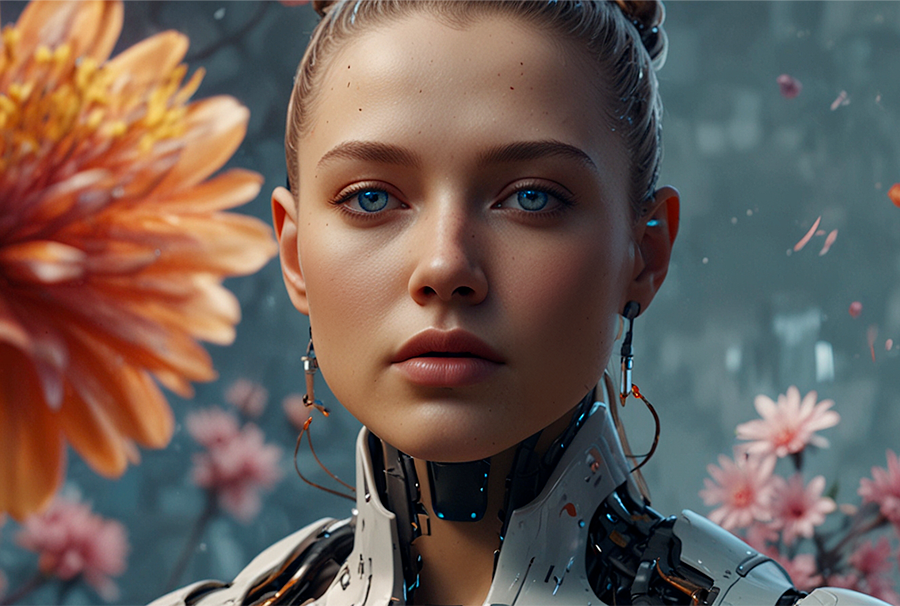 IA et écologie : Portrait d’une femme-cyborg au regard intense, entourée de grandes fleurs orange, mêlant nature et technologie dans une ambiance futuriste.
