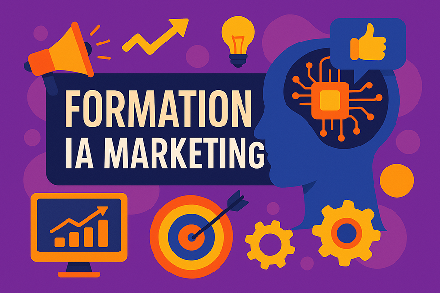 Illustration moderne représentant le concept de formation IA marketing pour les entrepreneurs.