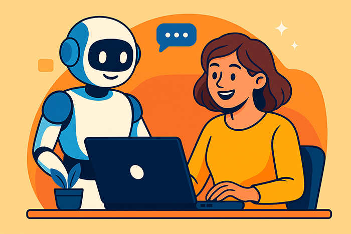 Un petit robot aide une entrepreneuse souriante à gérer sa communication sur ordinateur.