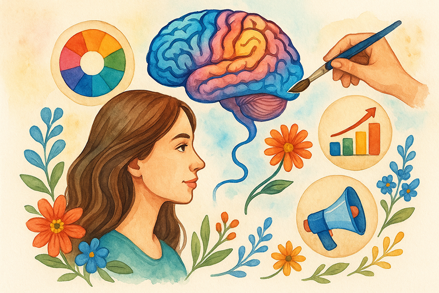 Femme entourée de fleurs et d’éléments de marketing illustrant les domaines des neurosciences.