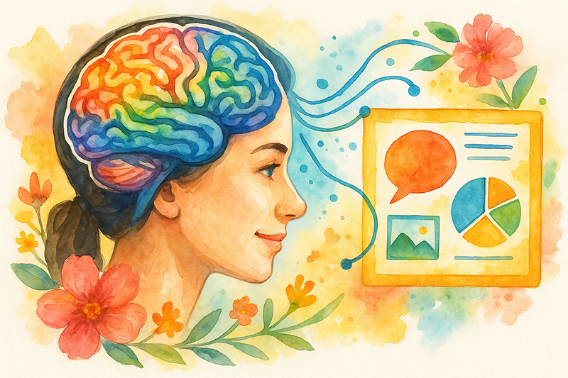 Illustration aquarelle d'une femme connectant son cerveau coloré à des éléments de communication visuelle.