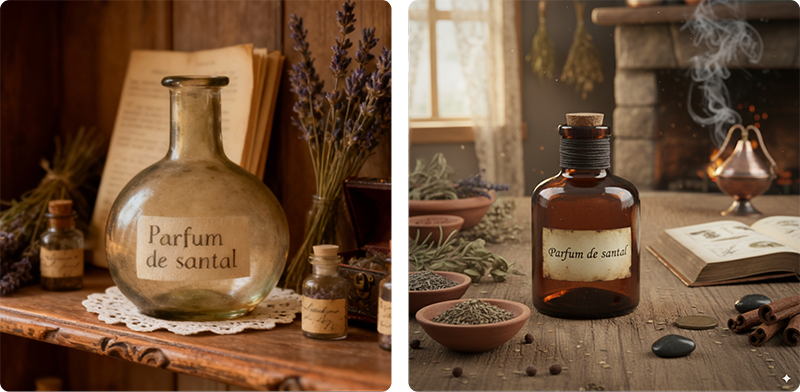 Image générée par l’IA Seedream représentant une nature morte avec des bouteilles, un verre et des objets décoratifs en bois et en verre.