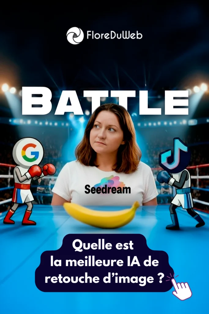 Miniature YouTube montrant un comparatif entre deux IA de création d’images, Seedream et Nano Banana, avec une mise en scène de combat et la question « Quelle IA est la meilleure en création d’images ? ».