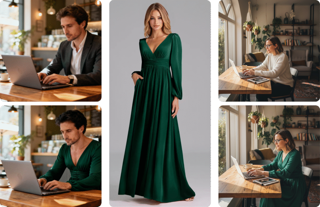 Visuels générés avec l’IA Seedream pour une campagne sur les réseaux sociaux, montrant différentes variantes d’une femme en robe verte dans des décors élégants.