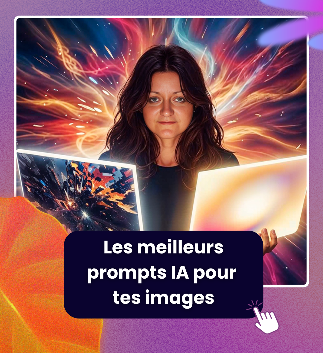 Illustration colorée et dynamique représentant une femme entourée d’effets lumineux, symbolisant la créativité et la puissance des prompts IA pour générer des images impactantes.