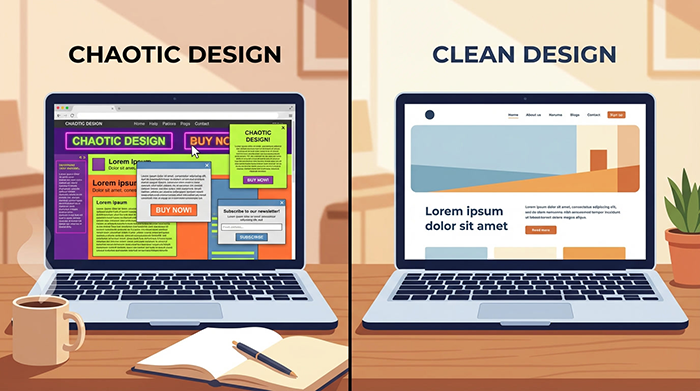 Comparaison visuelle entre un design web chaotique surchargé et un design épuré efficace