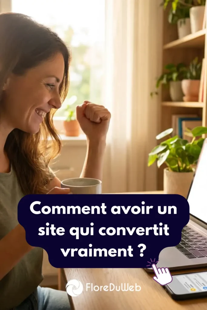Entrepreneur souriante célébrant succès site web conversion clients demandes devis