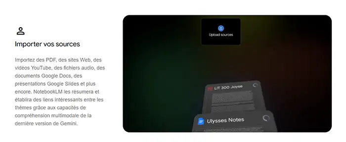 NotebookLM importer sources PDF YouTube vidéo audio Google Docs documents Gemini interface