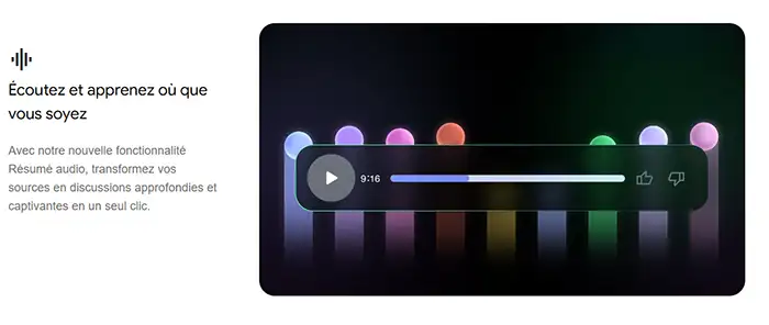 NotebookLM résumé audio podcast automatique écouter apprendre transformation documents interface