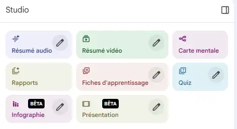 NotebookLM Studio interface fonctionnalités résumé audio vidéo carte mentale quiz rapport infographie présentation