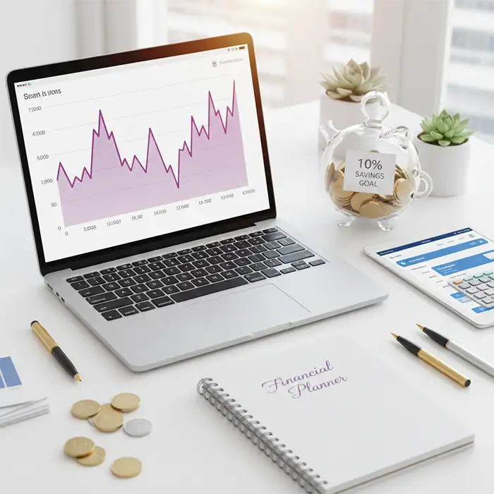 Gestion financière création entreprise individuelle avec graphique fluctuation revenus et épargne sécurité entrepreneur