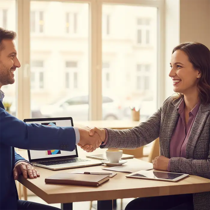 Entrepreneur indépendant rencontrant client satisfait poignée main professionnelle relation qualitative valorisation tarifs