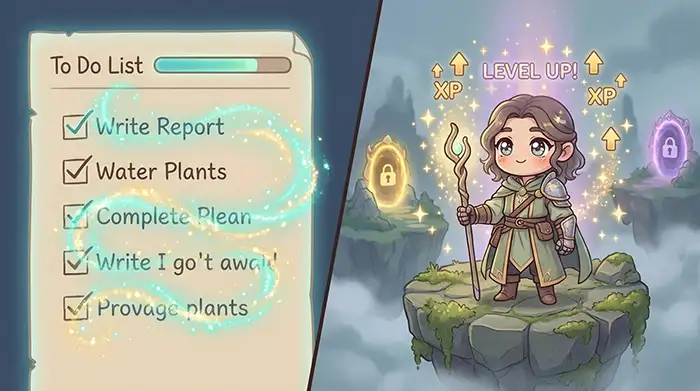 Illustration split-screen montrant une to-do list gamifiée à gauche et un avatar chibi fantasy qui level up avec des XP à droite