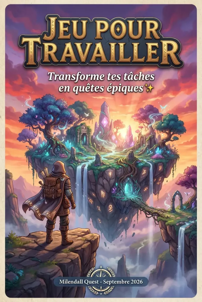 Illustration fantasy verticale Pinterest montrant un aventurier face à une île flottante magique avec le texte "Jeu pour travailler - Transforme tes tâches en quêtes épiques"