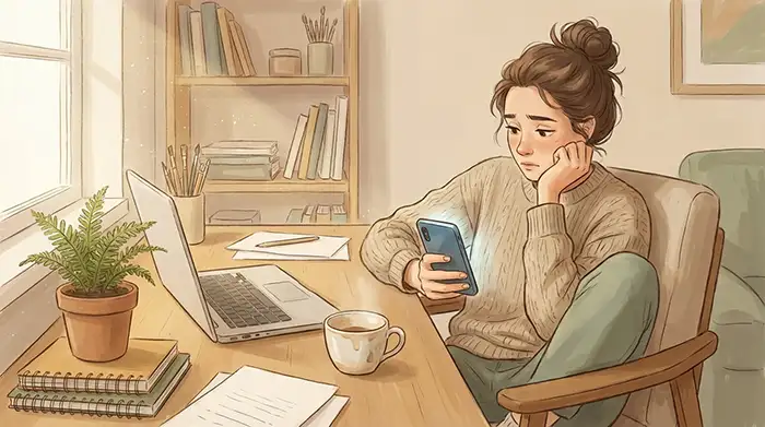 Entrepreneur créative dans son bureau à domicile, distraite par son téléphone et procrastinant devant son ordinateur portable ouvert