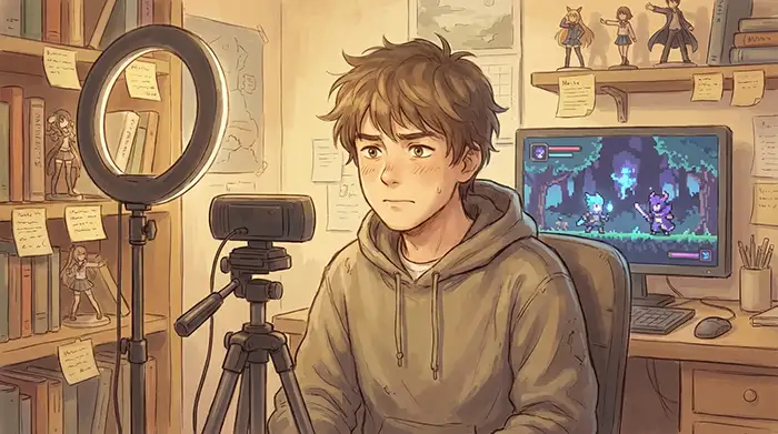 Entrepreneur créatif solo filmant son projet devant une caméra pour partager son parcours sur les réseaux sociaux