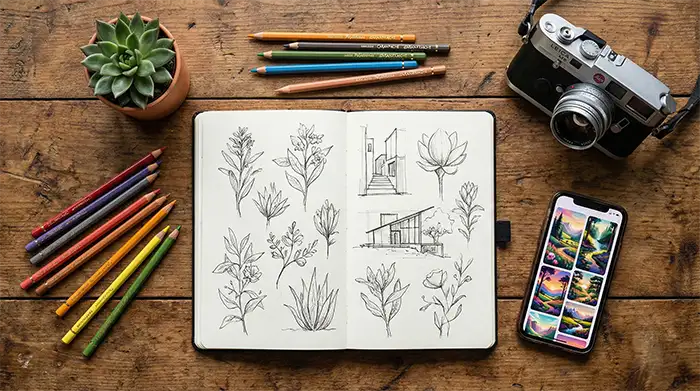 carnet croquis créatif crayons appareil photo smartphone bureau bois projet artistique