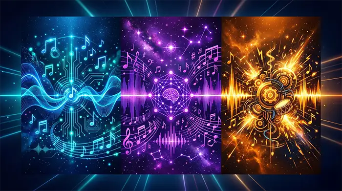 Comparatif visuel des générateurs de musique IA Lyria 3, Udio et Suno côte à côte