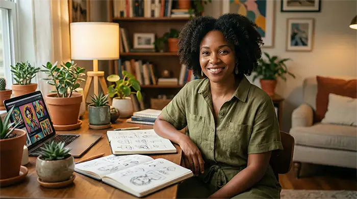 femme créative bureau maison sketchbook plantes ordinateur projet