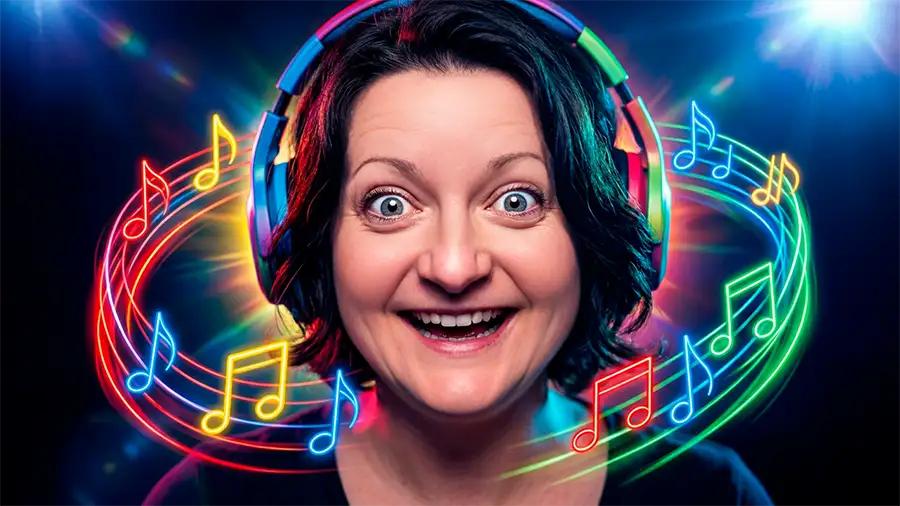 Femme souriante avec casque audio coloré entourée de notes de musique néon, générateur de musique IA Google Lyria