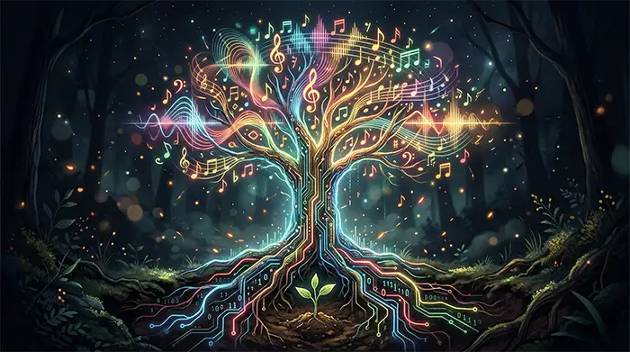 Illustration artistique du potentiel et des limites du générateur de musique IA Lyria 3 de Google