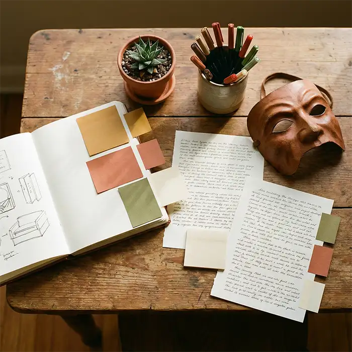 bureau créatif masque théâtre carnet croquis stylos plante multi-casquettes entrepreneur