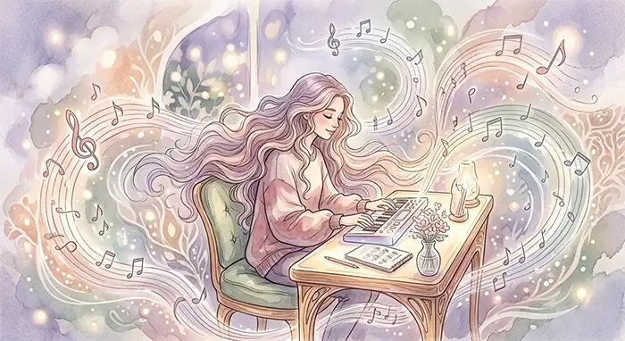 Illustration d'une créatrice travaillant sur la personnalisation de voix avec un outil de musique IA, entourée de notes musicales flottantes