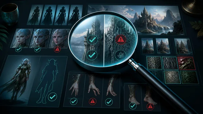 Loupe examinant les détails et les motifs répétés d’images générées par IA