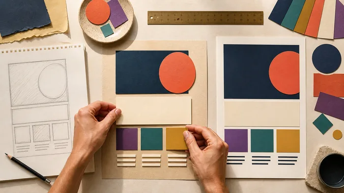 Des mains organisent les blocs d’une affiche selon une hiérarchie visuelle claire