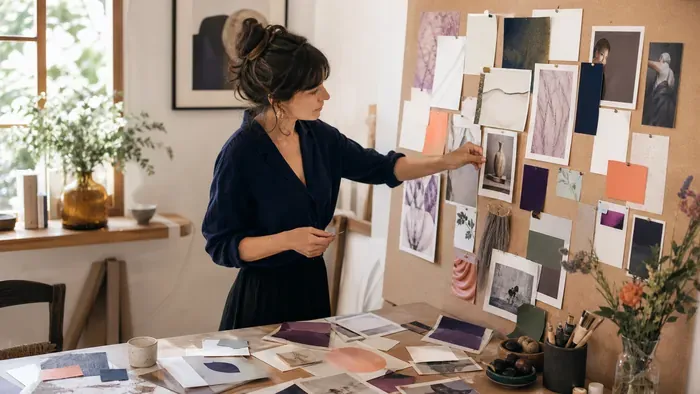 Une créatrice compose un moodboard sur un grand panneau dans son atelier