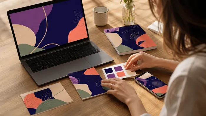 Une créatrice teste le même univers visuel sur un ordinateur, un carnet, une carte et un téléphone
