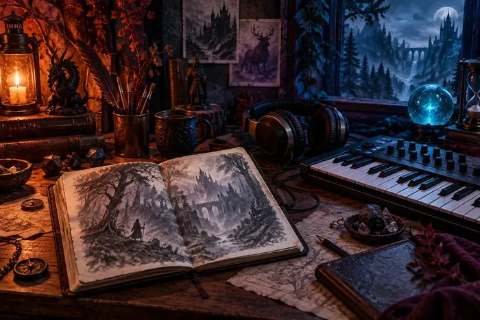 Un carnet illustré d'une forêt brumeuse accompagne un casque et un clavier sur un bureau.