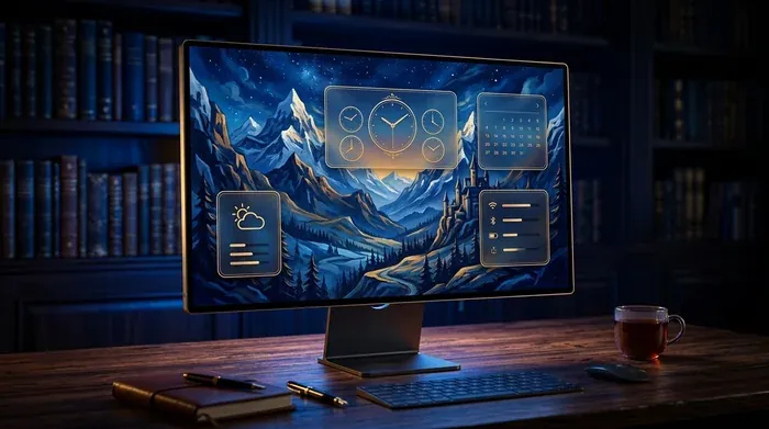 Un écran posé sur un bureau en bois affiche un paysage de montagne avec des panneaux translucides flottants