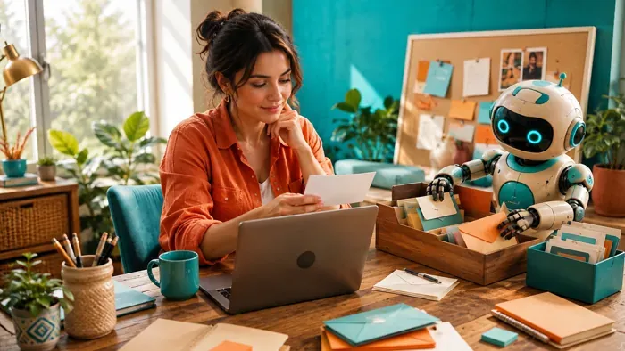 Une créatrice relit une carte tandis qu’un petit robot trie des enveloppes colorées sur son bureau.