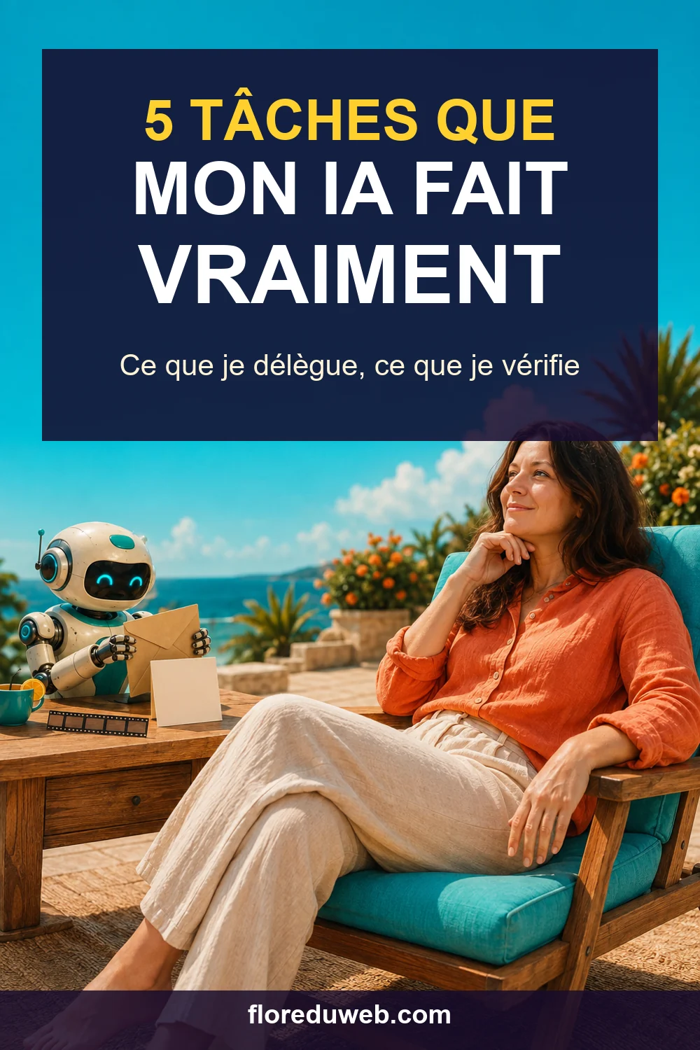 Épingle Pinterest : cinq tâches réellement réalisées par un assistant IA, sous le contrôle d’une créatrice.