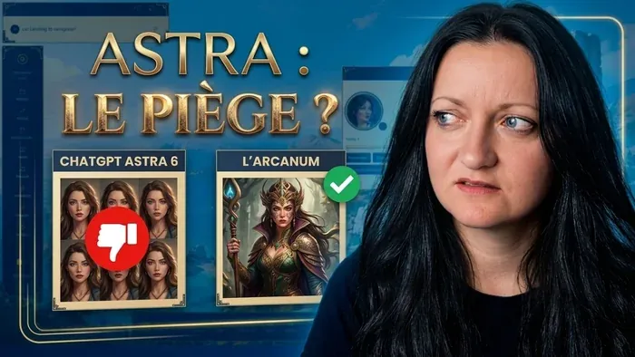 Flore, sceptique, devant deux visuels comparés : les portraits répétitifs de ChatGPT Astra et une illustration validée