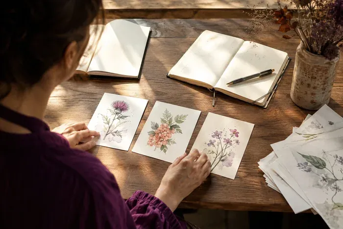 Une créatrice examine trois cartes botaniques terminées sur sa table de travail.