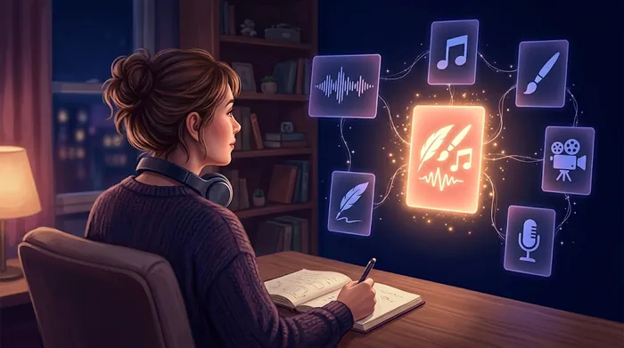 Créatrice à son bureau face à des outils IA de musique, image, écriture et vidéo qui convergent vers une sélection sur mesure